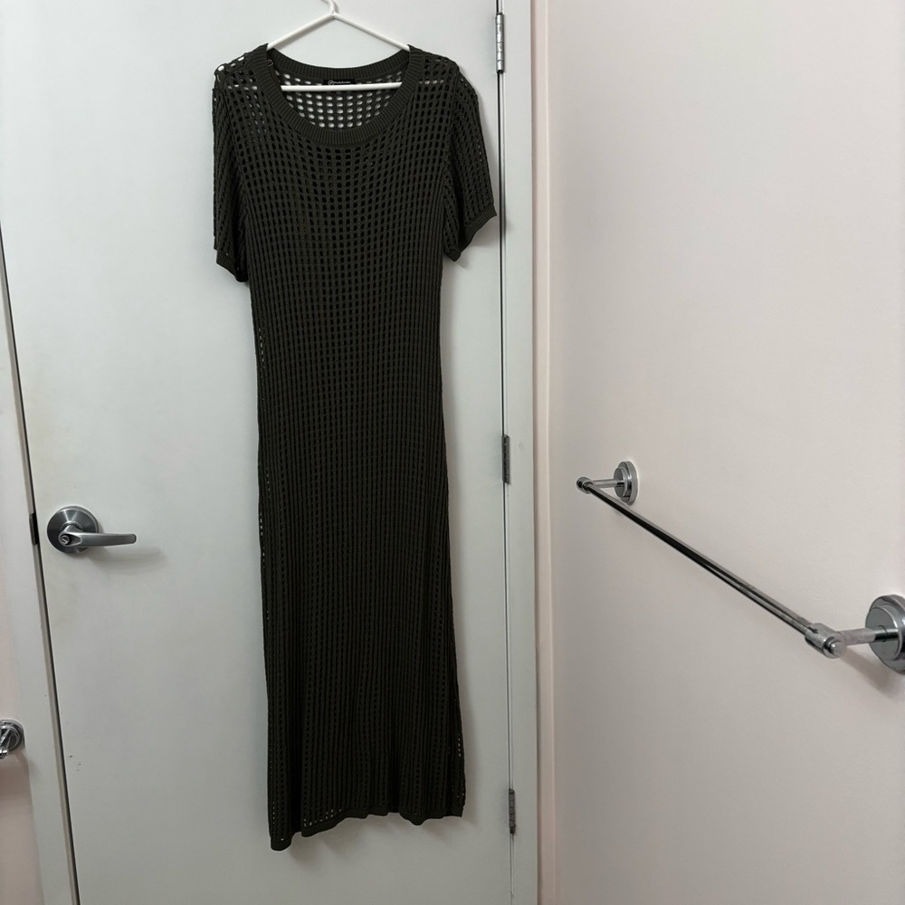 Open-Knit Short Sleeve Maxi Dress - Olive